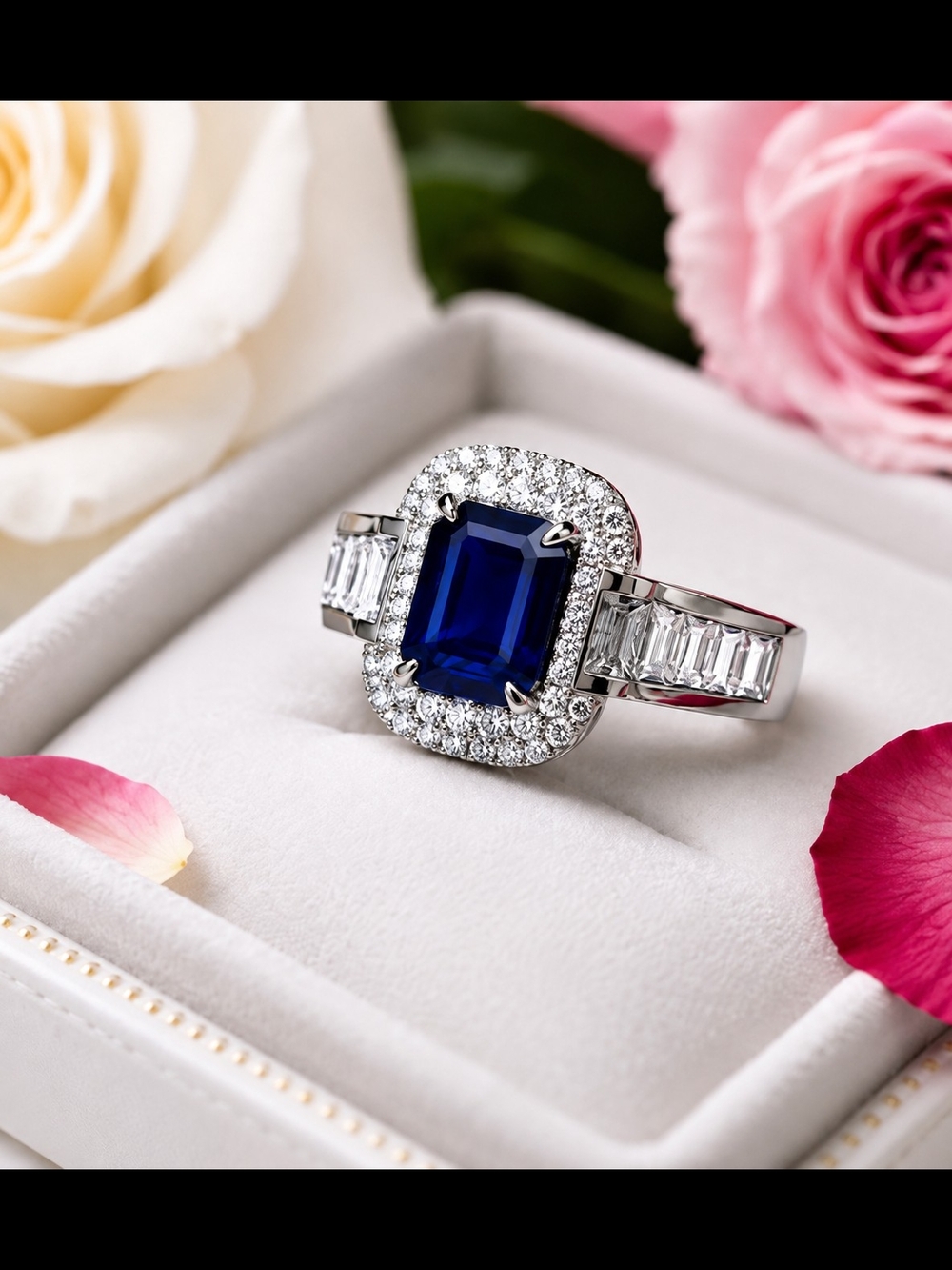 Women’s Blue Emerald Cut CZ Halo Ring Silver Tone Size 8